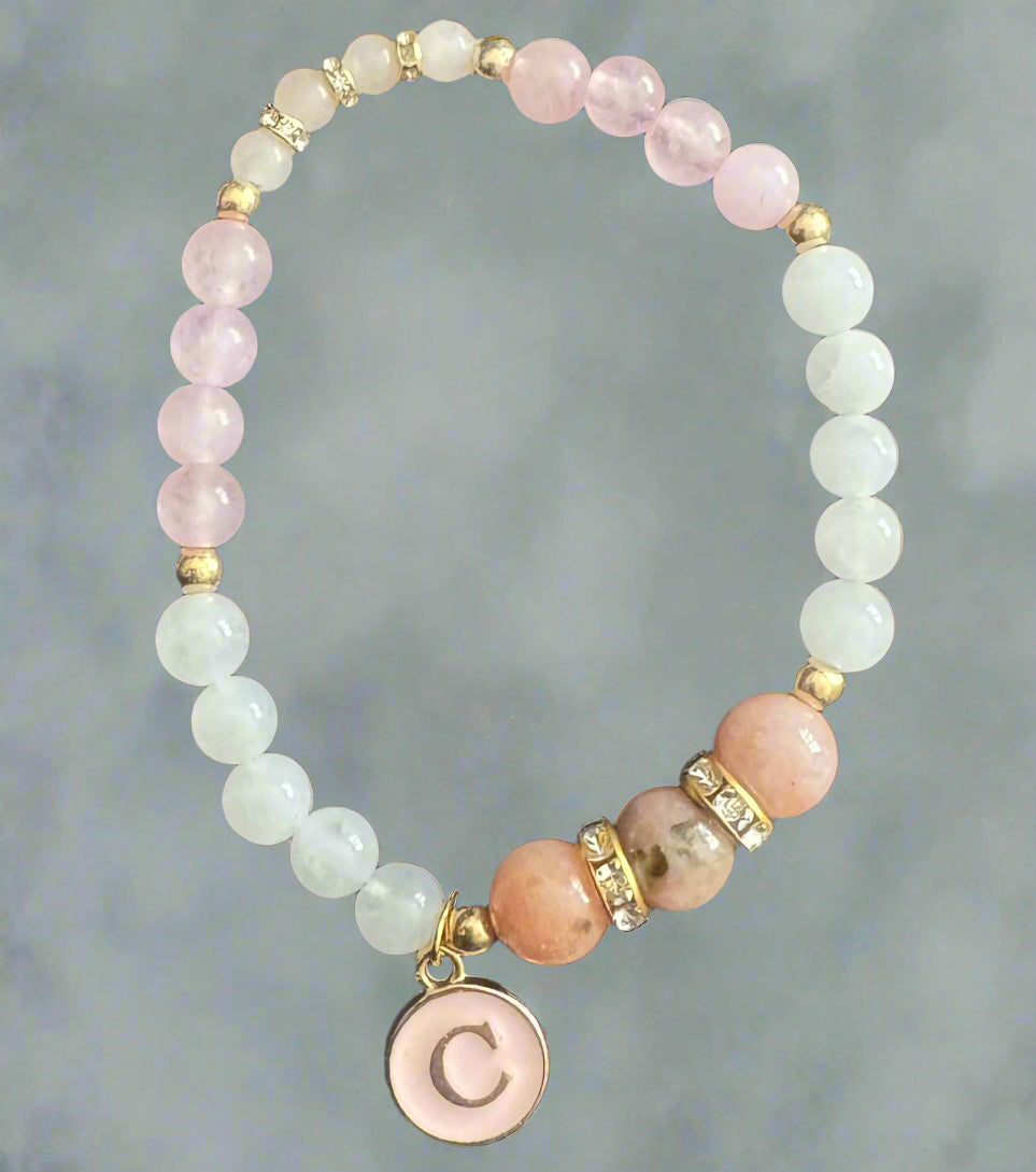 The Victoria -Natural Stone Beaded Bracelet with Letter Charm Dangle