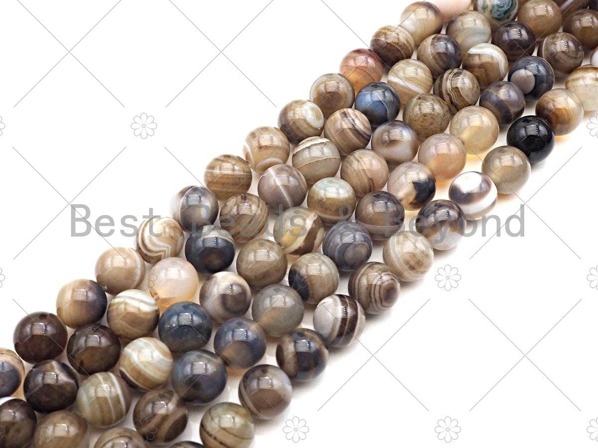 High Quality Natural Grey Banded Agate Smooth Beads, 6mm/8mm/10mm/12mm Brown Gemstone Beads, Agate Beads, 15.5'' Full Strand, SKU#UA217