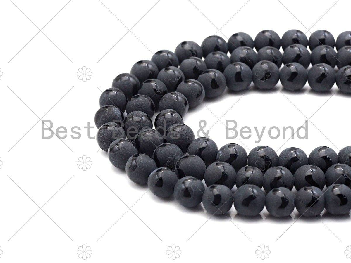 Black Onyx Matte Round Smooth with Wavy line Beads, 6mm/8mm/10mm/12mm Round Matte onyx, Patterned Onyx, 15.5inch strand, SKU#UA167