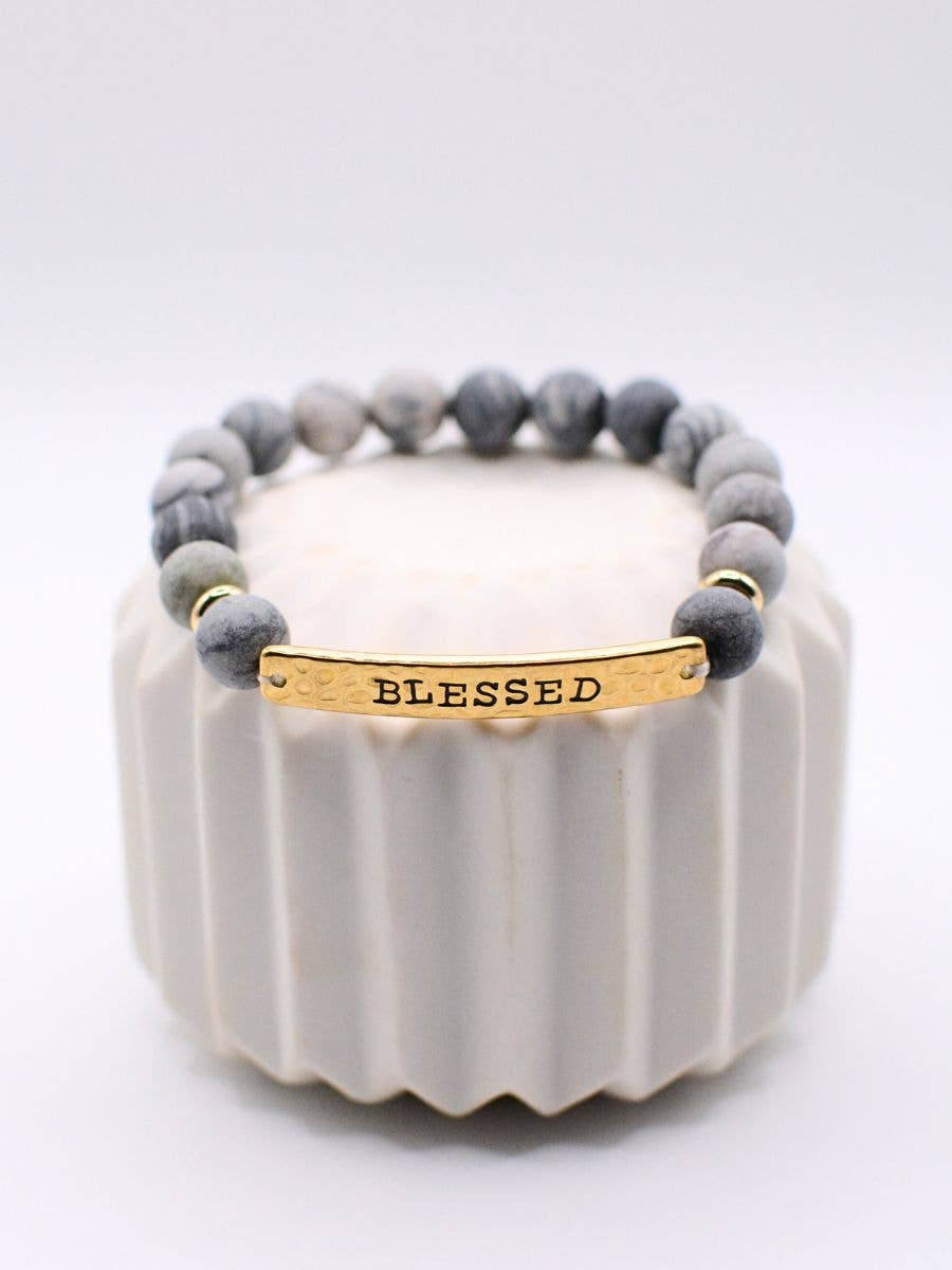 BLESSED stone stretch inspirational religious bracelet