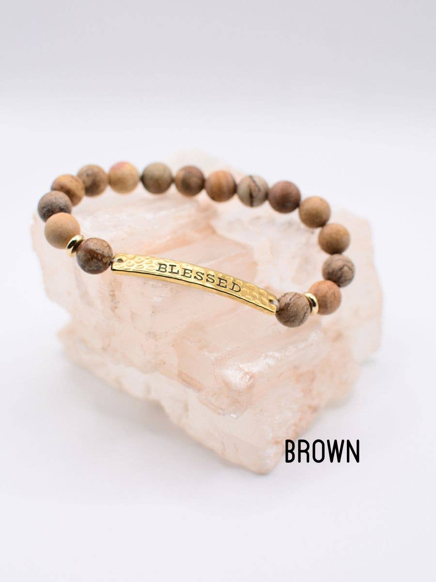 BLESSED stone stretch inspirational religious bracelet
