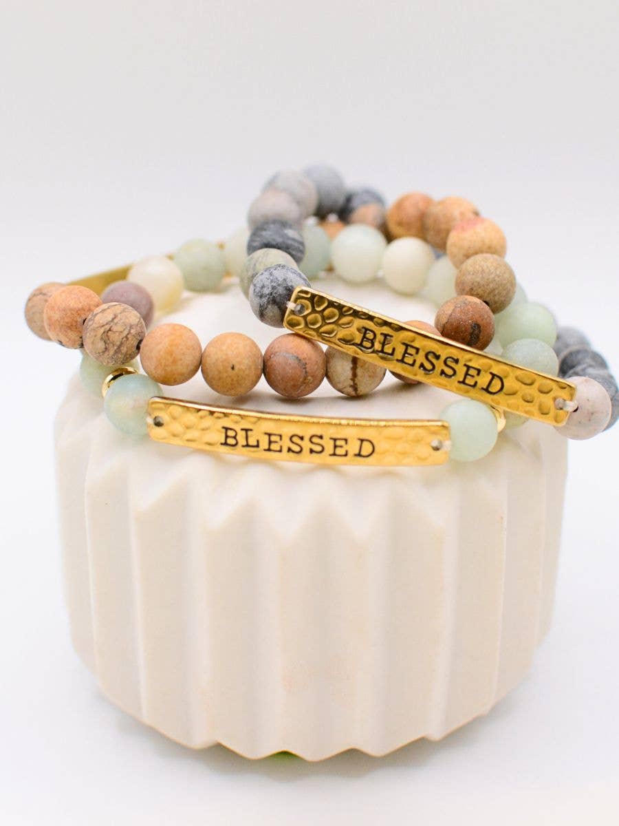 BLESSED stone stretch inspirational religious bracelet
