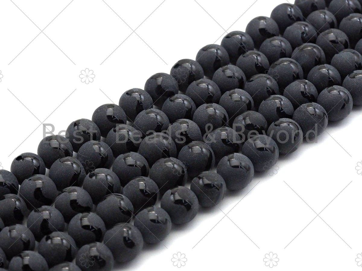Black Onyx Matte Round Smooth with Wavy line Beads, 6mm/8mm/10mm/12mm Round Matte onyx, Patterned Onyx, 15.5inch strand, SKU#UA167