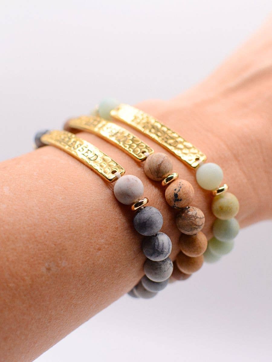 BLESSED stone stretch inspirational religious bracelet