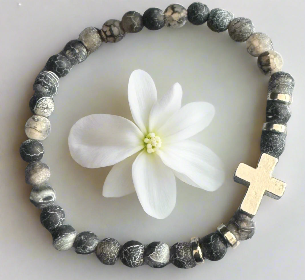 Magdalene - Natural Stone Beaded Bracelet with Silver Cross