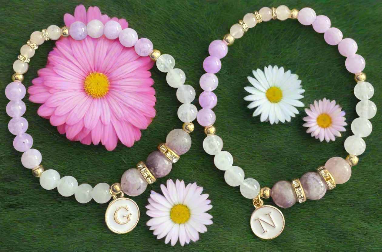 The Victoria -Natural Stone Beaded Bracelet with Letter Charm Dangle