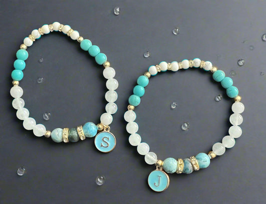 The Victoria -Natural Stone Beaded Bracelet with Letter Charm Dangle