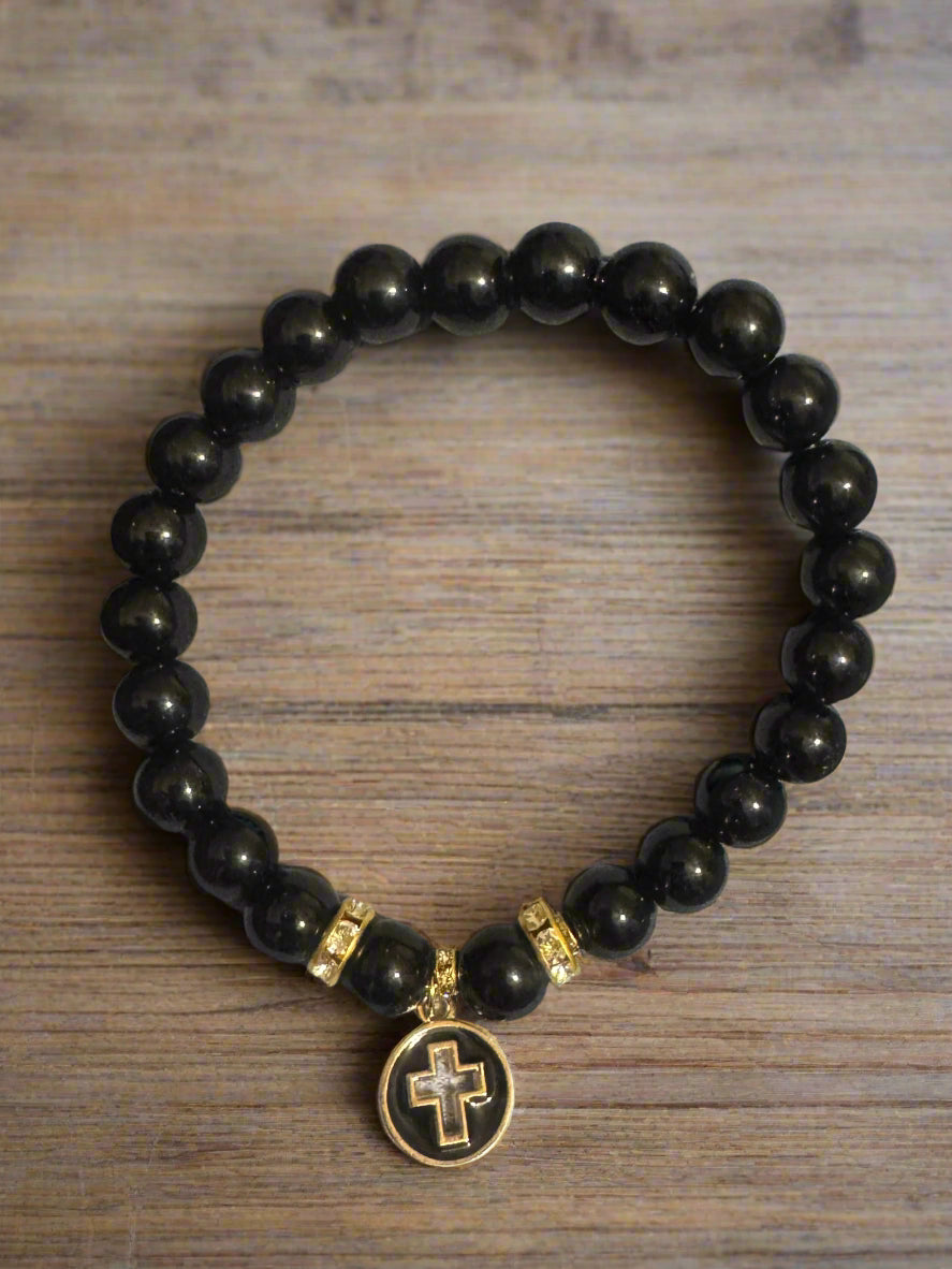 Deborah - Black Stone Beaded Bracelet with Cross Dangle Charm