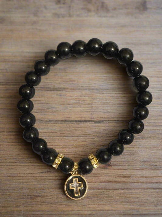 Deborah - Black Stone Beaded Bracelet with Cross Dangle Charm