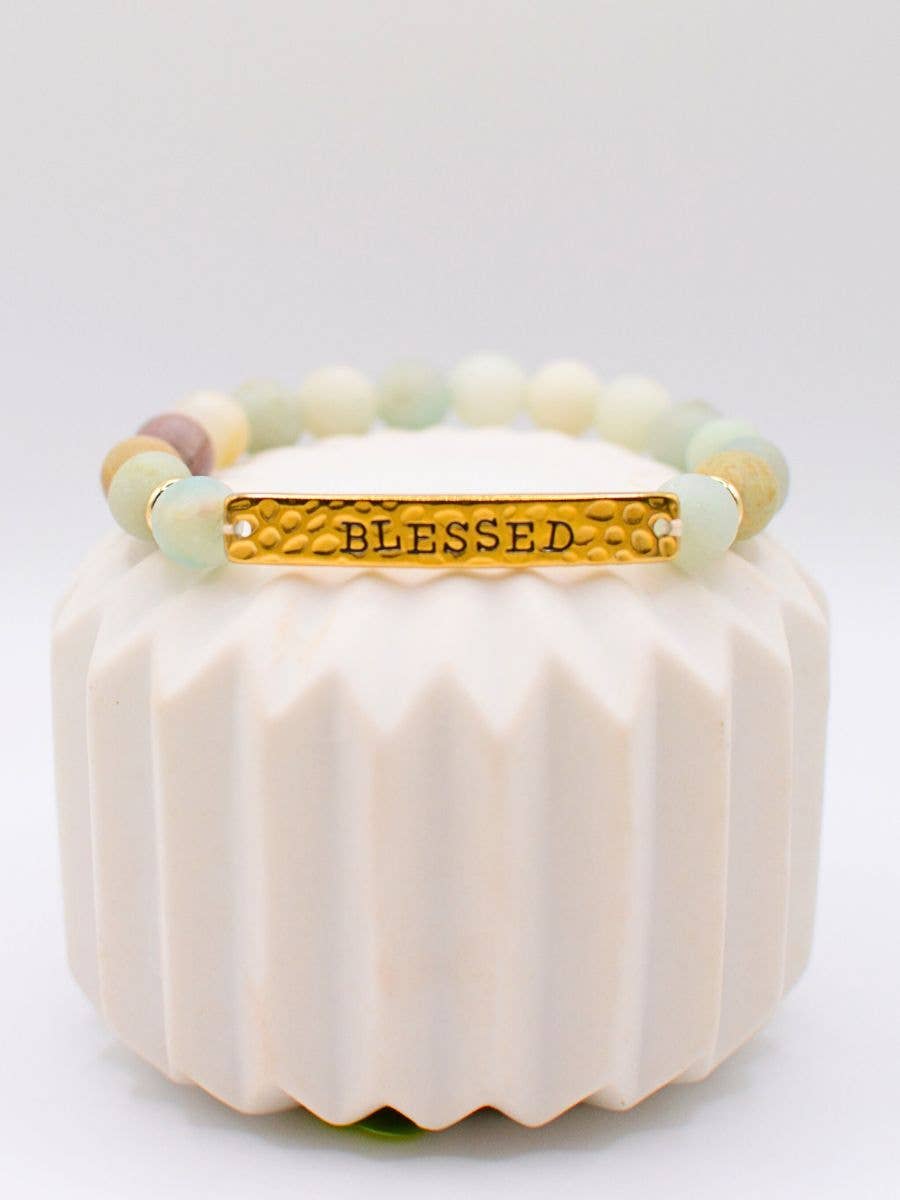 BLESSED stone stretch inspirational religious bracelet