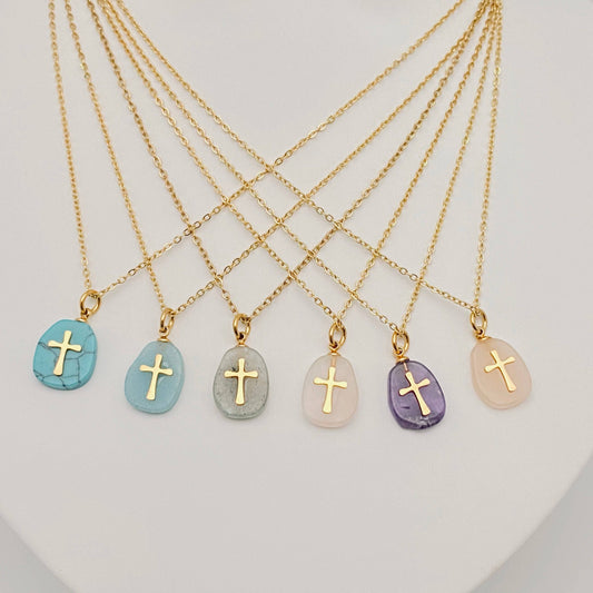 Natural Stone Stainless Steel Cross Pendant Necklace - CS