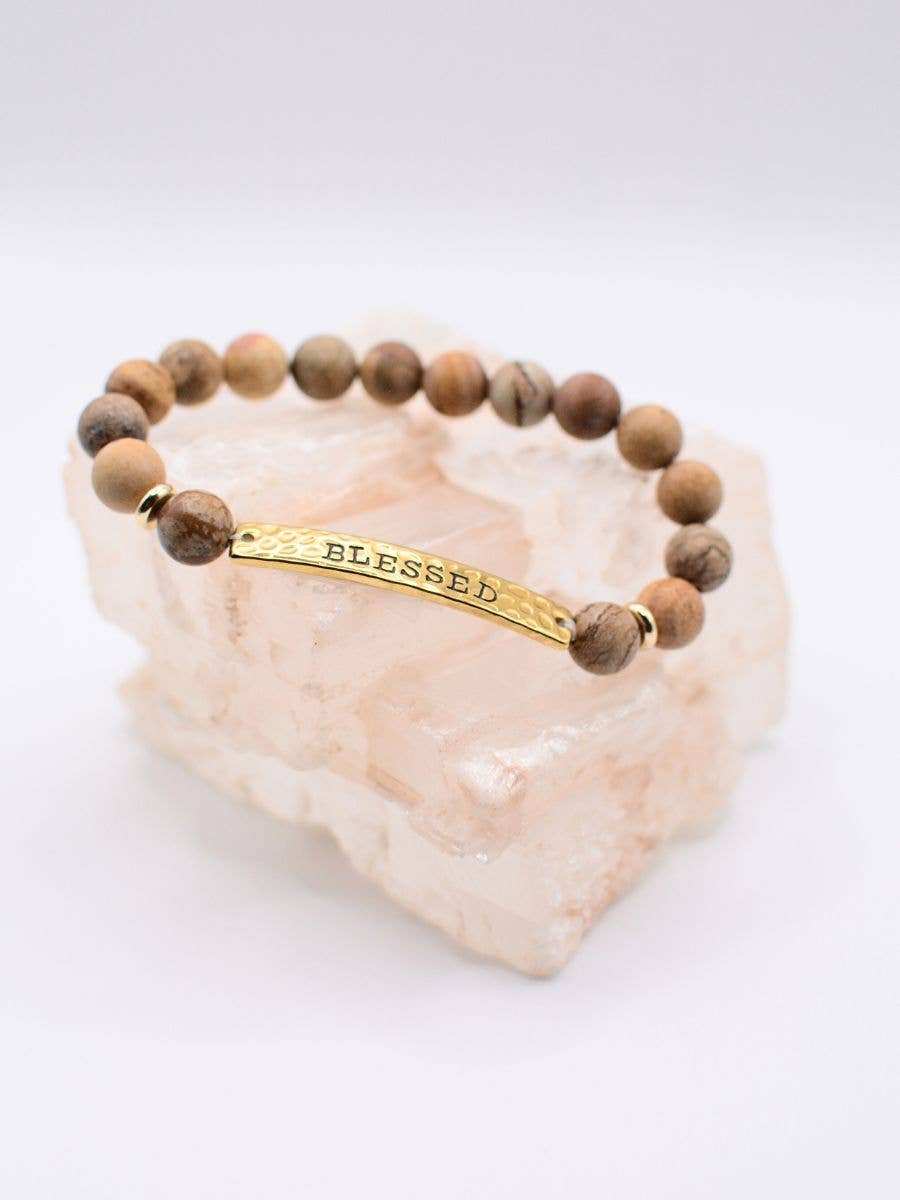 BLESSED stone stretch inspirational religious bracelet