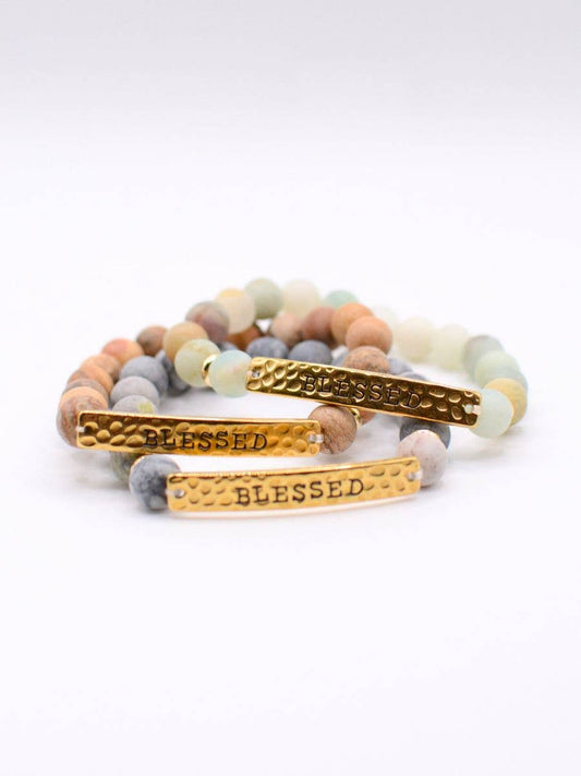 BLESSED stone stretch inspirational religious bracelet